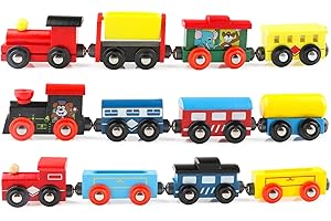 Wondertoys Wooden Train Cars 12 PCS Magnetic Train Sets Includes 3 Engines and Storage Bag - Wooden Train Set for Toddlers Compatible with Major Brands Train Set Tracks - Trains for Train Table