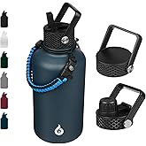 BJPKPK Half Gallon Insulated Water Bottles with Straw Lid, 64oz Large Water Jug, Stainless Steel Bottles with 3 Lids and Paracord Handle, Thermo for Hot & Cold Liquid, Navy Blue