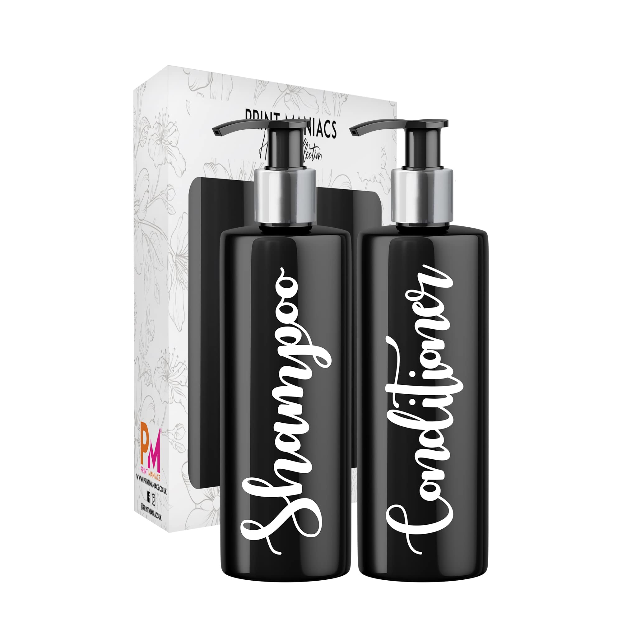Print Maniacs 2 Set Mrs Hinch Inspired Black Personalised Dispenser Pump Bottles Shampoo Conditioner (White)