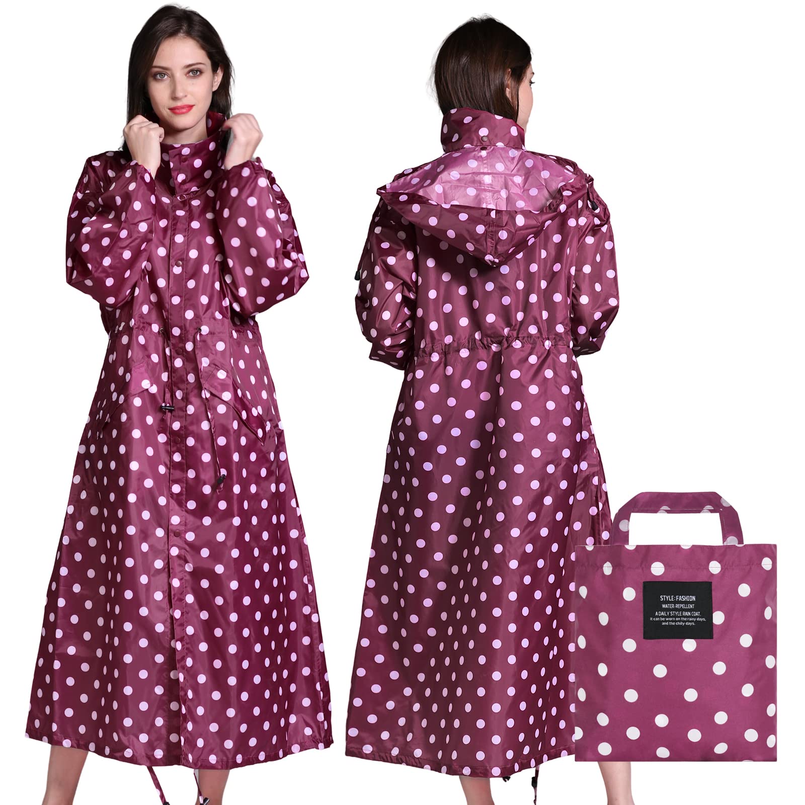 Photo 1 of LAMA Womens Long Raincoats Rain Jacket Waterproof Packable Outdoor Hooded Windbreaker Lightweight Adjustable Waist for Outdoors(Red Point, L)