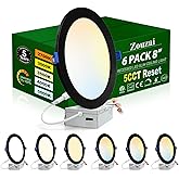 zouzai 8 Inch Black 18W Eqv 150W 1685LM 5CCT Ultra-Thin LED Recessed Ceiling Light with Junction Box 2700K/3000K/3500K/4000K/5000K Selectable, Dimmable ETL and Energy Star Certified【6 Pack 】