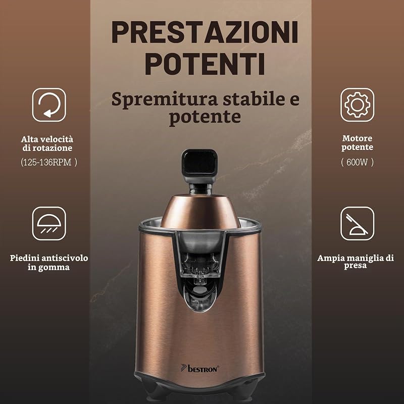 Spremiagrumi elettrico, spremiagrumi con funzione di arresto e filtro polpa in acciaio inox, con 2 coni, capacità 450 ml, leva soft pressa per un facile utilizzo, colore: rame