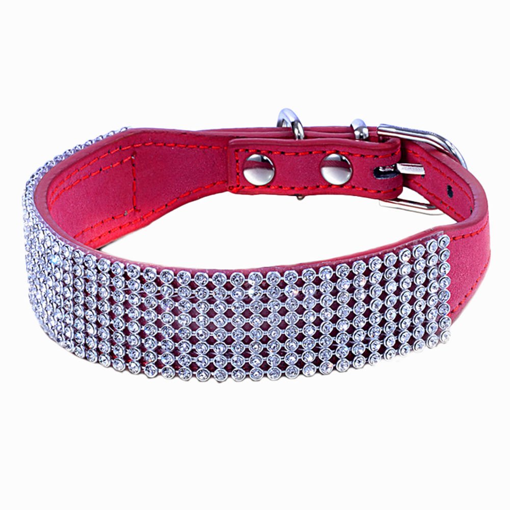 haoyueer Rhinestone Dog Collar, Bling Rhinestone Suede Leather Crystal Diamond Rhinestones Small Pet Cat Dog Puppy Collar (M, Red)