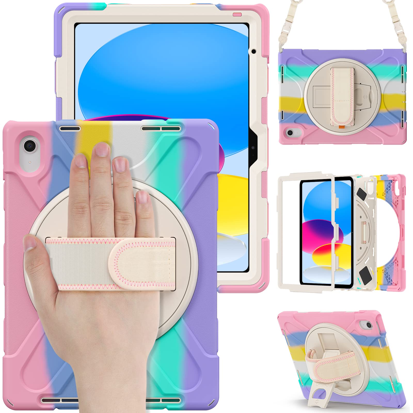 Bspring Case for iPad (A16) 11th/10th Generation 2025/2022 11/10.9 inch, Heavy Duty Rugged Protective Cover with Pencil Holder, 360°Rotating Hand Strap/Stand and Shoulder Strap,Rainbow pink