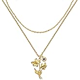 MTMY Birth Flower Necklaces for Women 18K Gold Plated Dainty Layered Birth Month Flower with Birthstone Pendant Necklaces Personalized Custom Floral Jewelry