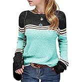 Seiciviy Girls Winter Sweaters Long Sleeve Round Neck Color Block Striped Casual Loose Lightweight Fall Spring Cozy Tops
