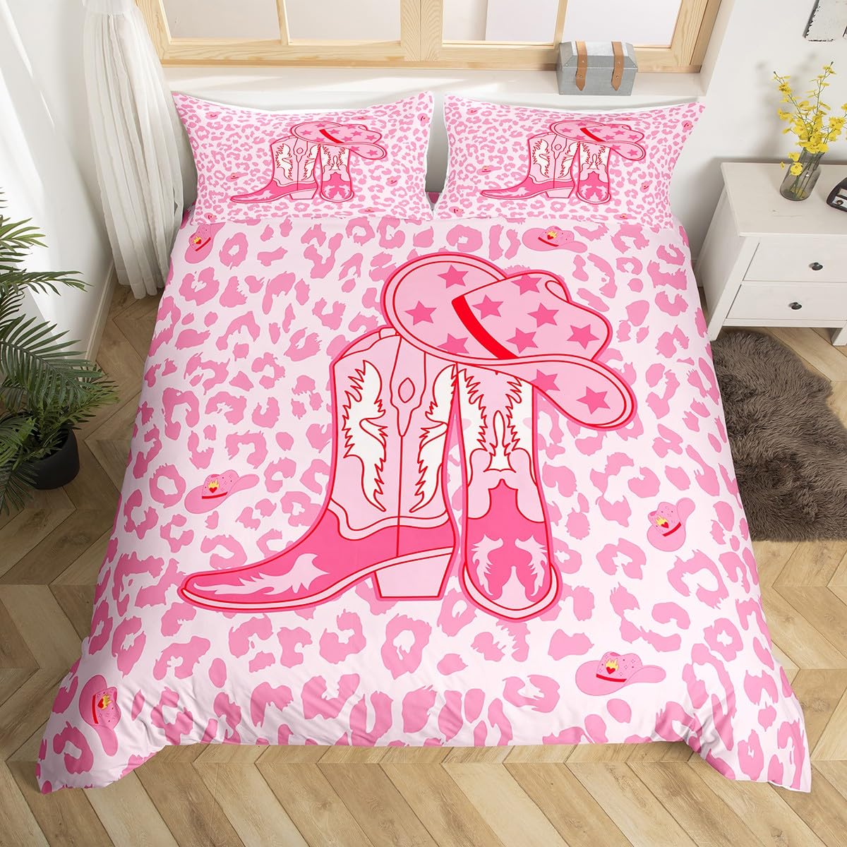 Western Cowgirl Duvet Cover Set Double Size, Pink Cowboy Hat Boots Bedding Set 3pcs for Kids Girl Bedroom Decor, Pink Leopard Print Comforter Cover Soft Polyester Quilt Cover with 2 Pillowcases