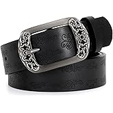 WOWOGO Vintage Flower Womens Leather Belt for Jeans Dress Fashion Waist Belt Ladies Belts with Black Buckle