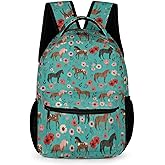 KOYI Horse Backpack Girls Horse with Floral Flowers Backpack for Girls, Kids Horse Backpack for School Travel, Cute Horse Stuff for Girls, Elementary Boys Girls School Backpack, 16.5 Inch, Cyan-Blue