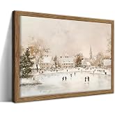 Vintage Winter Wall Art, Christmas Village Landscape Canvas Wall Decor Painting, White Christmas Rustic Town Artwork Prints Pictures for Living Room Bedroom Holiday Decoration Wood Framed 8x10 Inch