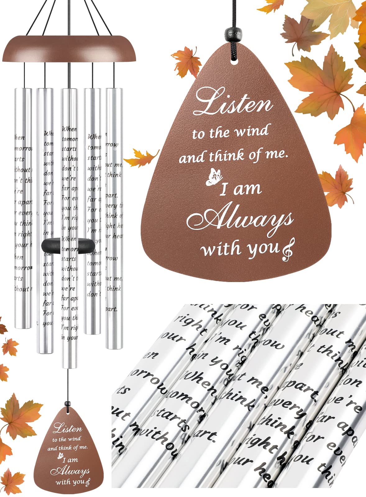 Sympathy Gift Wind Chimes for Outside - 36'' Large Memorial Gifts for Loss of Mother/Mom/Father, Bereavement Gift Ideas Windchimes Outdoors in Memory of Loved One, Condolence Remembrance Grief, Brown Image