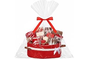 Colingmill Christmas Gift Basket with Cellophane Wrap Set with Handles Ribbons Gift Baskets Empty Large Storage 14"x 10"x 5.5" Empty Decorative Chest Box for Presents Wedding Baby Shower(Red)