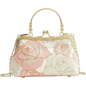 Wynndora Floral Rose Mini Pink Clutch Purses for Women, Kiss Lock Purse with Metal Top Handles, Elegant Crossbody Shoulder Ba