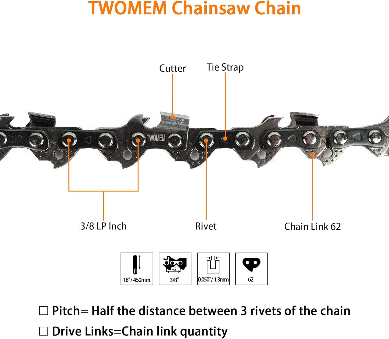 TWOMEM 2PCS S62 18 Inches Chainsaw Chain 3/8’’ LP .05 Inch 62 Drive Links for Craftsman/Sears,Echo,Homelite,Husqvarna,McCulloch,Poulan: Garden & Outdoor