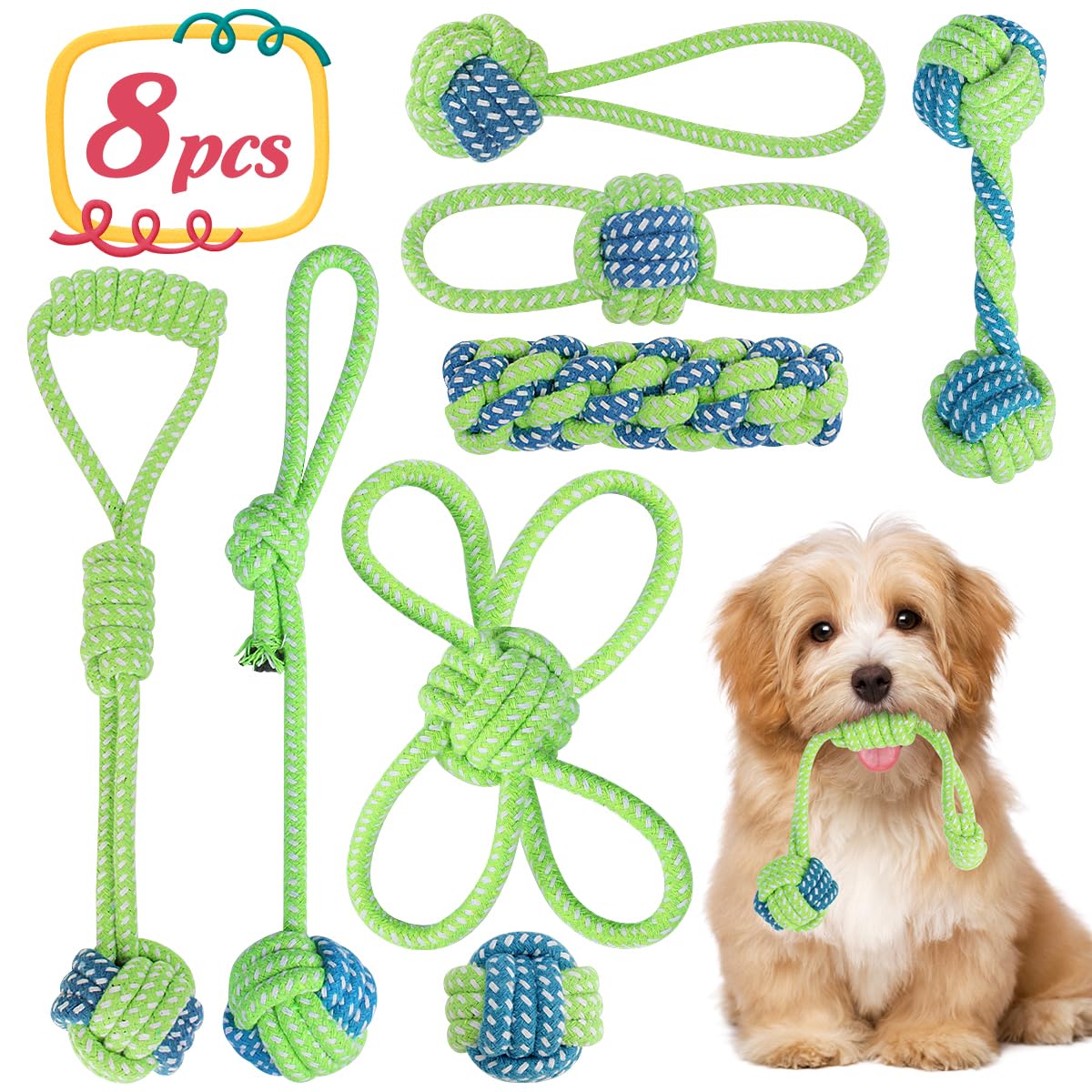 Photo 1 of ETACCU 8 Pack Dog Rope Toys for Puppy & Small Dogs ? Puppy Rope Toy for Aggressive Chewers, Indestructible?Keeping Dogs from Being Bored- Green