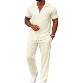UOUA Mens Summer 2 Piece Set Casual Outfits Button Short Sleeve Shirt &amp; Loose Pants Textured Striped Tracksuit Walking Suits