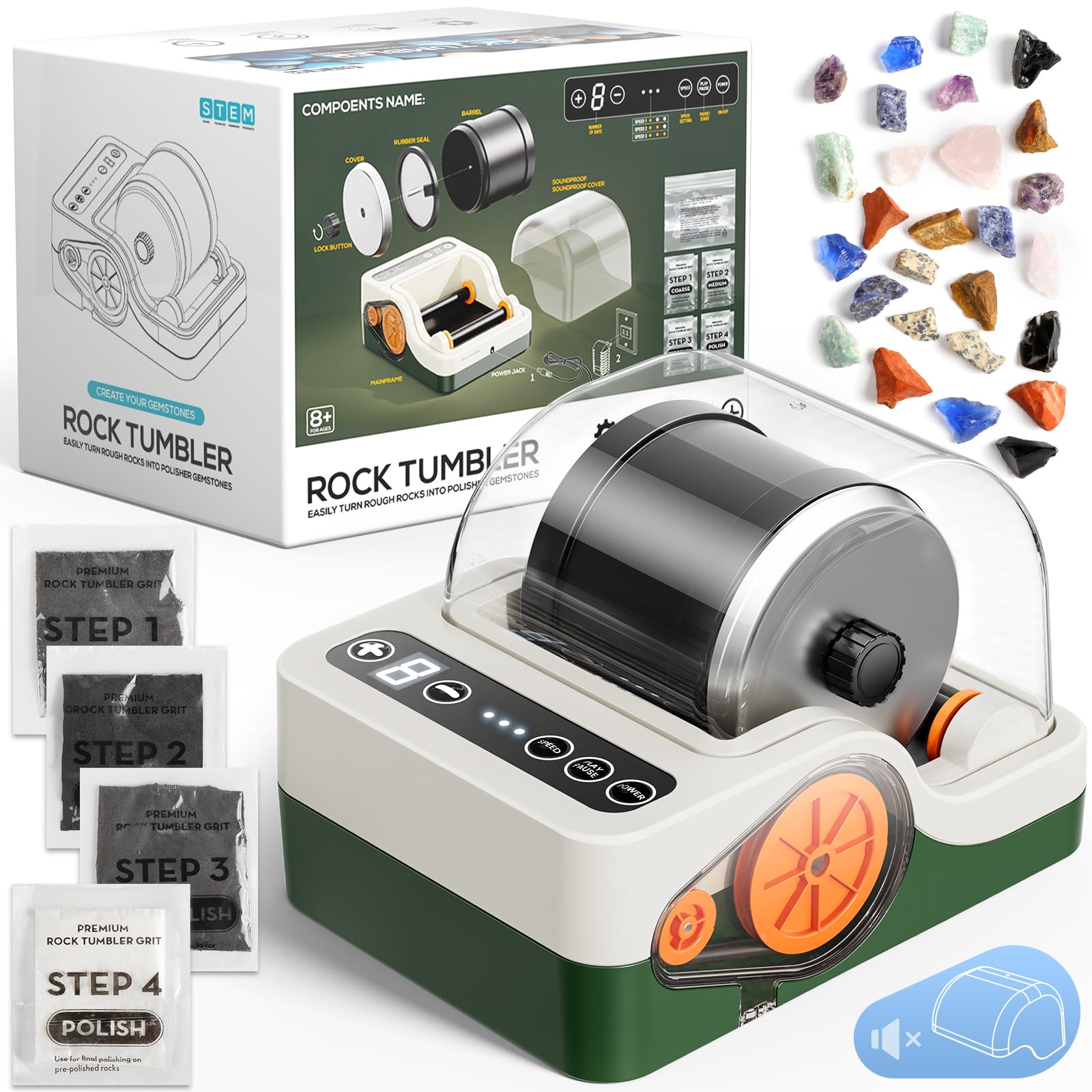 HopeRock Ultra Quiet Rock Tumbler Kit, Rock Polisher with Noise Reduction Cover for Kids, Adults & Rock Collector, 3-Speed Motor & 9-Day Timer, Great STEM Science Kit Gift for Age 8+, Boys Girls Toys