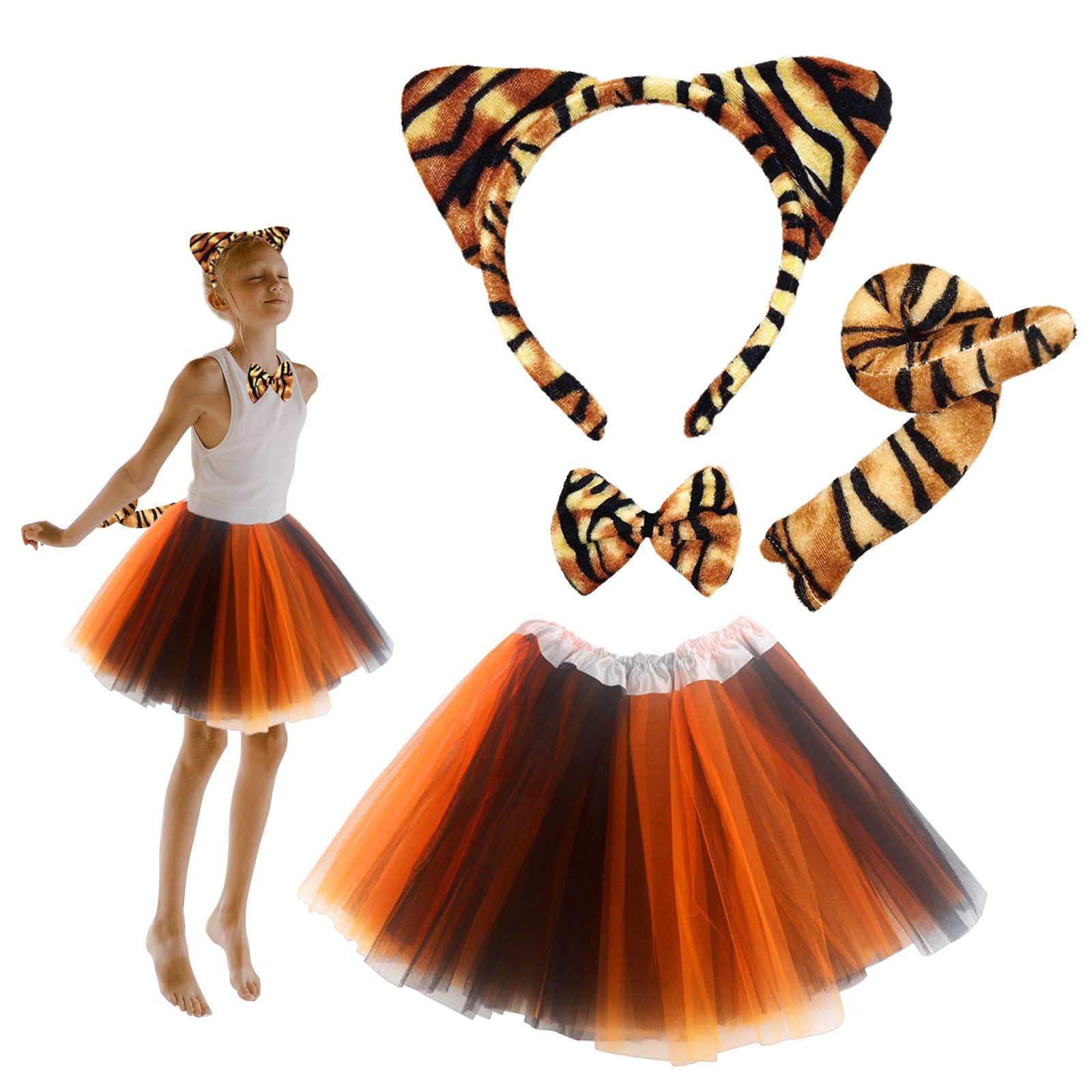 SKHAOVS 4-Piece Tiger Costume Set - Animal Fancy Dress with Tiger Ear Headband, Tail, Bow Tie & Tutu Skirt for Halloween Cosplay