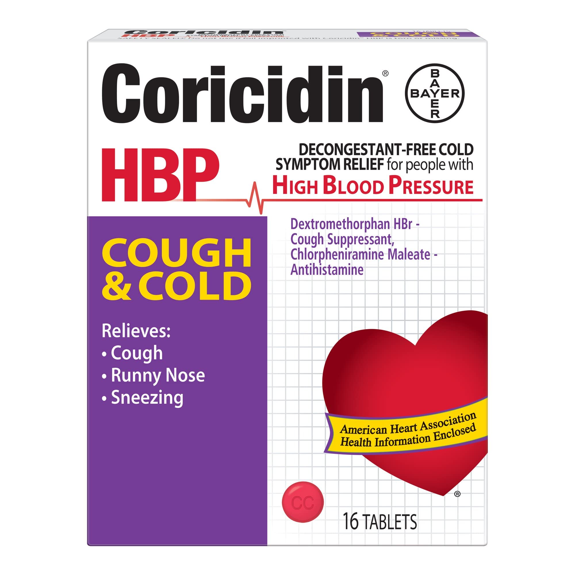 Coricidin HBP Antihistamine Cough & Cold Suppressant Tablets, 16 Tablets (Pack of 5)