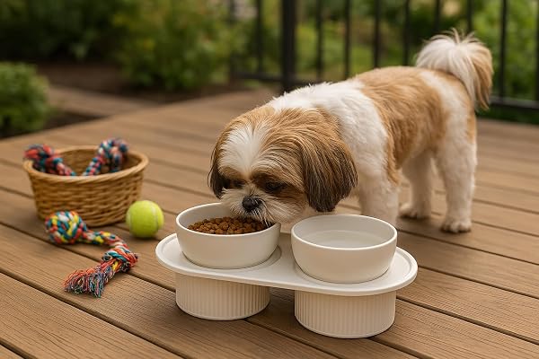 ELEVATED PET BOWLS SET, MODERN STYLE CERAMIC FOOD AND WATER DISHES WITH RAISED STAND (WHITE)