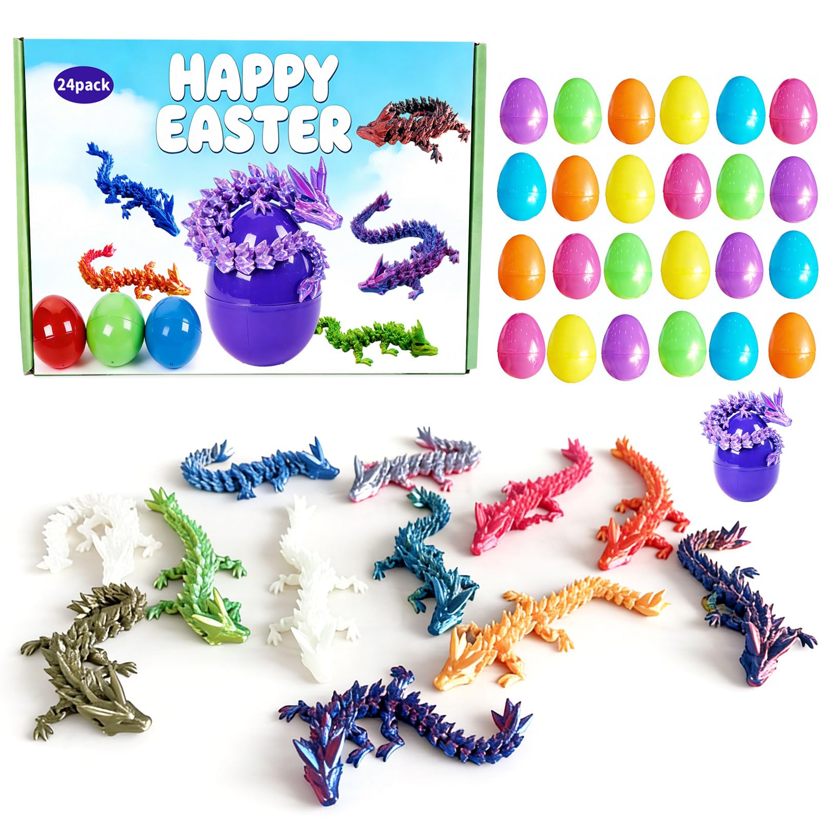 IRRONN 24Pcs Easter Eggs with 3D Printed Dragons Inside,Articulated 3D Printed Dragon for Easter Basket Stuffers,Fantasy Fidget Toyfor Kids Party Favors