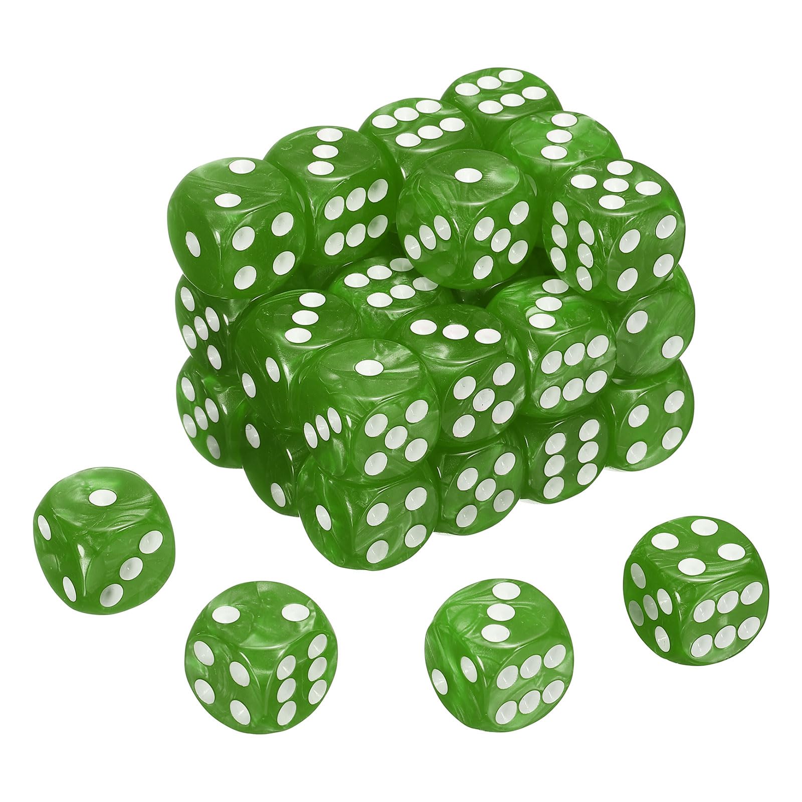 sourcing map 48Pcs 6 Sided Colored Standard Dice, 16mm Acrylic D6 Mini Polyhedral Pearl Pattern Game Dice Set for Table Games, Green/White Point