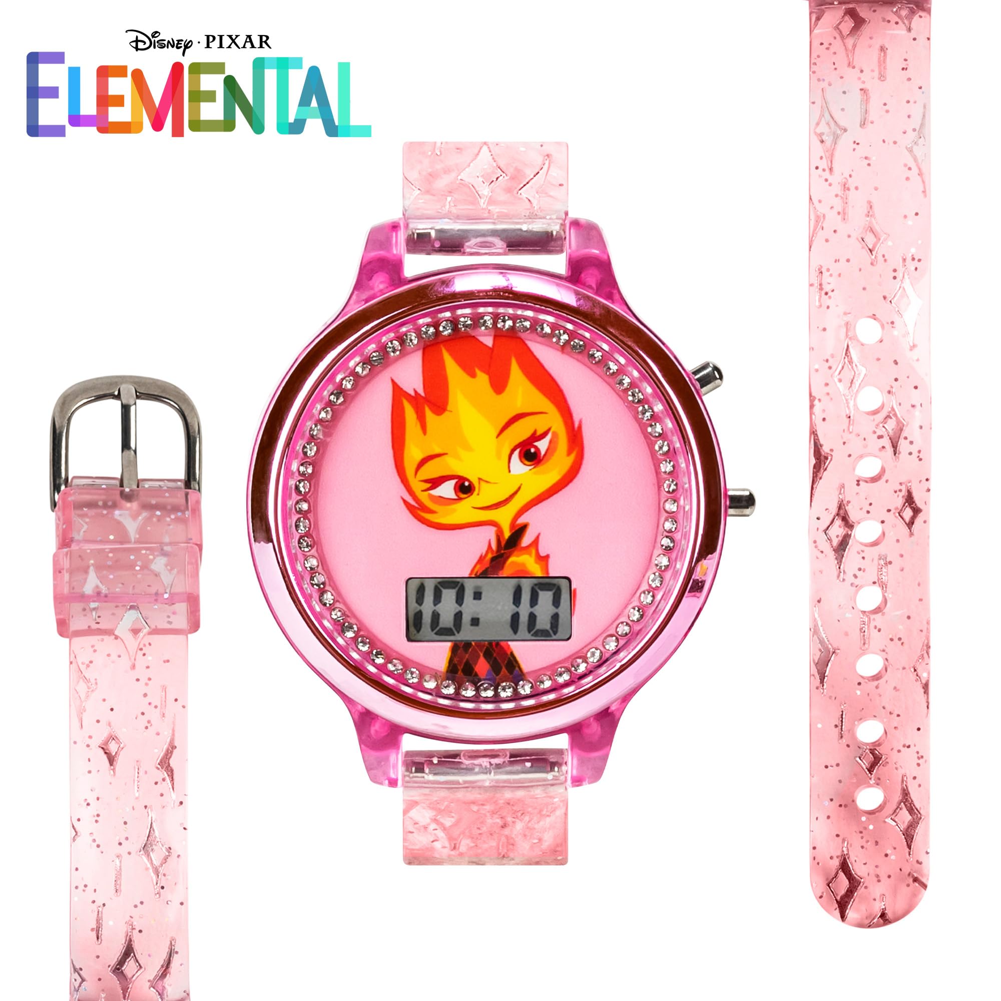 Accutime Disney Elemental Ember Lumen Kids’ Watch – Fiery Pink LCD Display with LED Lightshow Feature, Water-Resistant with Special Edition Gift Tin