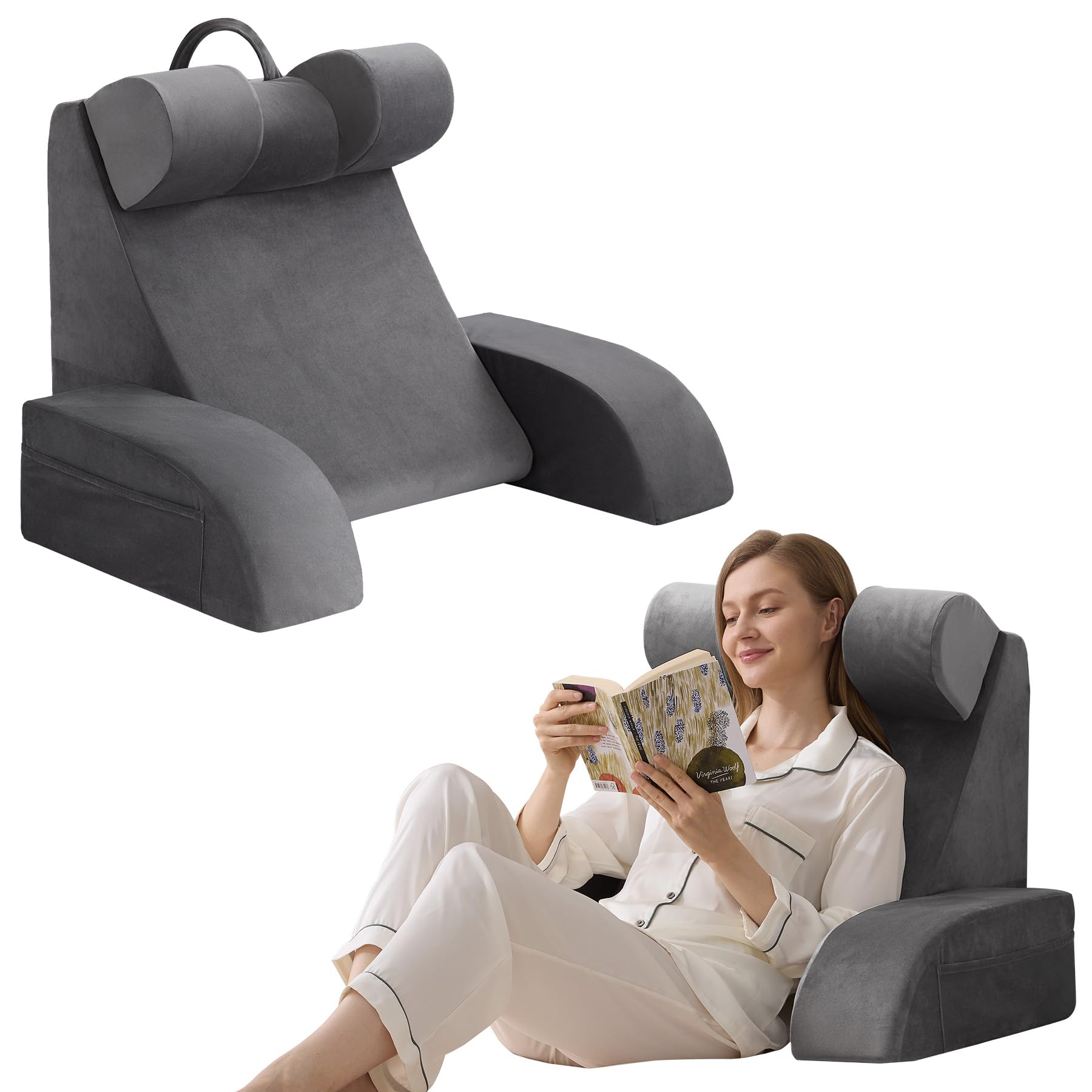 Photo 1 of **IMPERFECT** Velorose Reading Pillow for Sitting in Bed Adult, Back Pillow for Bed Sitting up, Backrest Pillow with Arms, Back Support Pillows for Gaming Lounging Watching TV, Medium 19" Grey