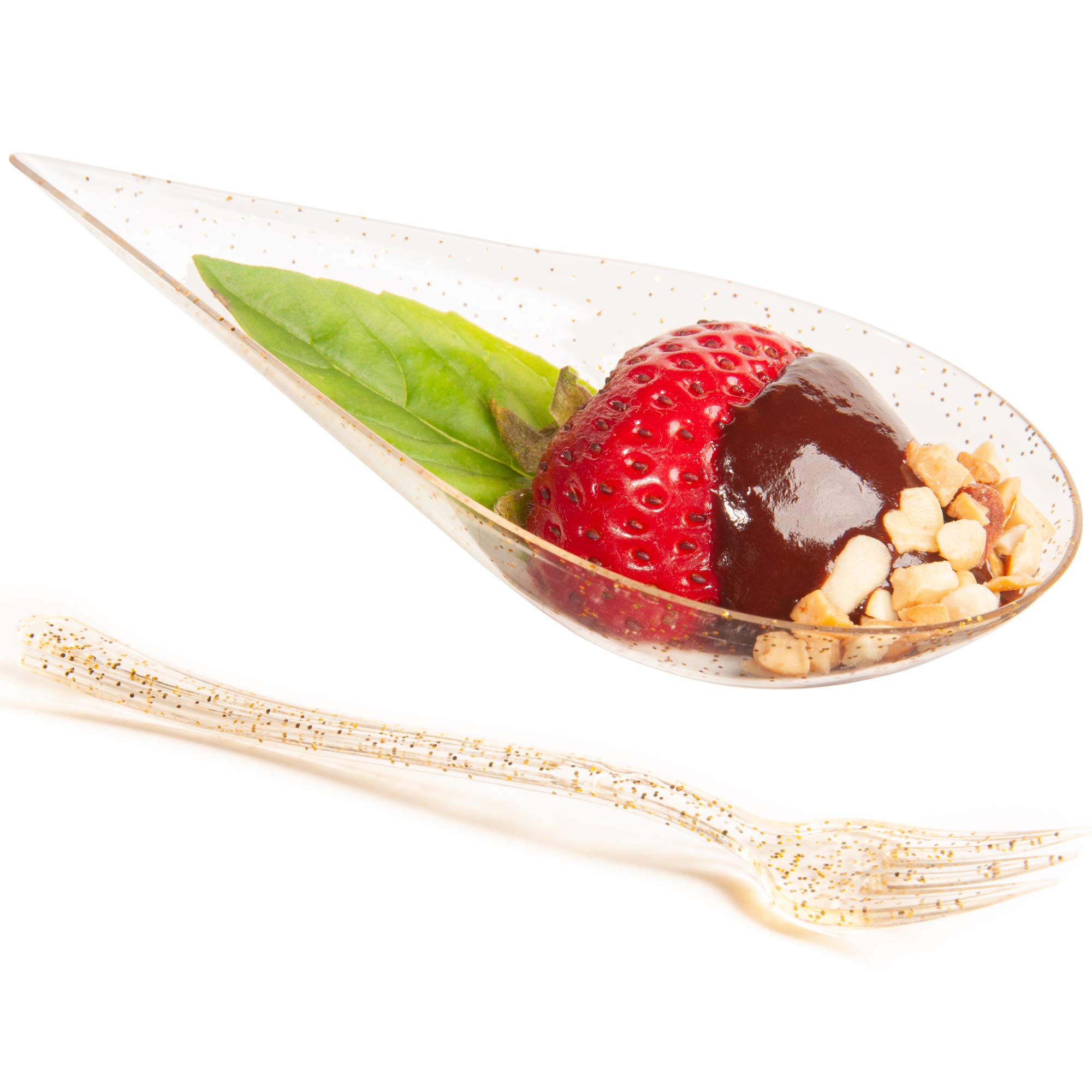DLux 100 4-in Tear Drop Mini Appetizer Plates with Forks, re-usable Gold Glitter Clear Plastic Spoon - Dessert and Appetizers Dishes Serving Plate -Asian Spoon Set, Small Catering Dessert Tasting Cups