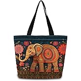 ZhuVantrix Ethnic Elephant Tote Bag Reusable Grocery Bags Cute Aesthetic Shopping Shoulder Handbag with Interior Zipper Pocket Lightweight & Washable Stylish Ethnic Elephant Present for Women