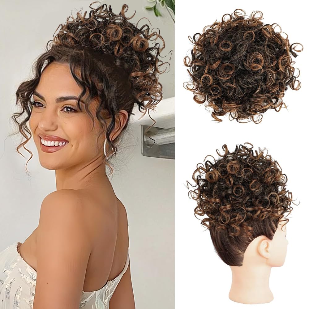 Flyroseing Elastic Drawstring Messy Bun Hair Piece, Curly Bun Hair Piece for Women Synthetic Fake Hairpiece for Daily Use Natural Black Mix Light Brown