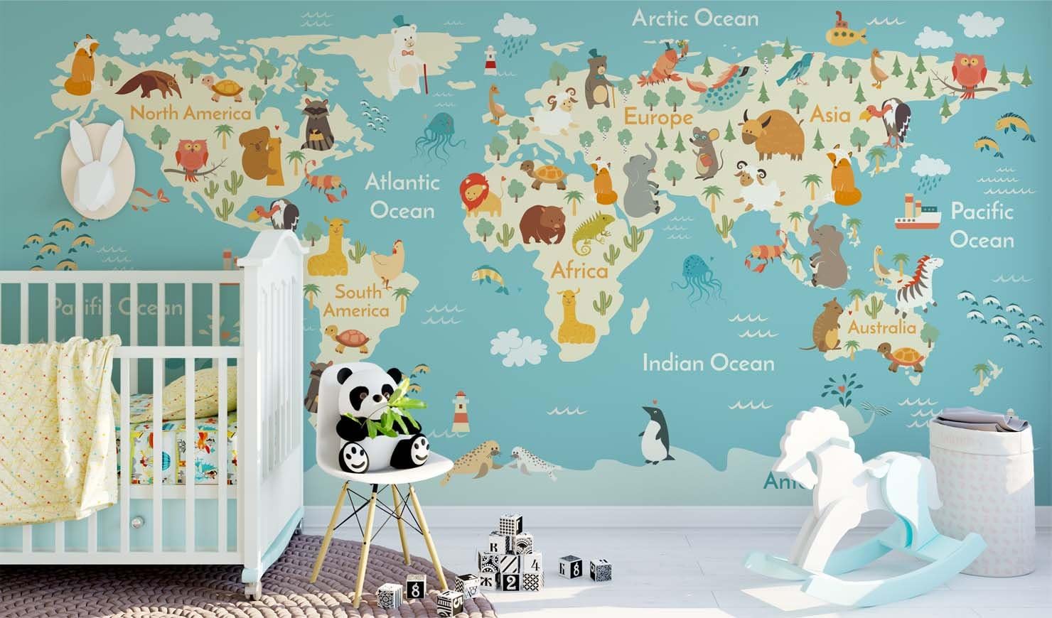 Cartoon animals theme world map wall decal mural nursery wall decor sticker peel and stick kids bedroom vinyl wallpaper (63.8"x30.7")