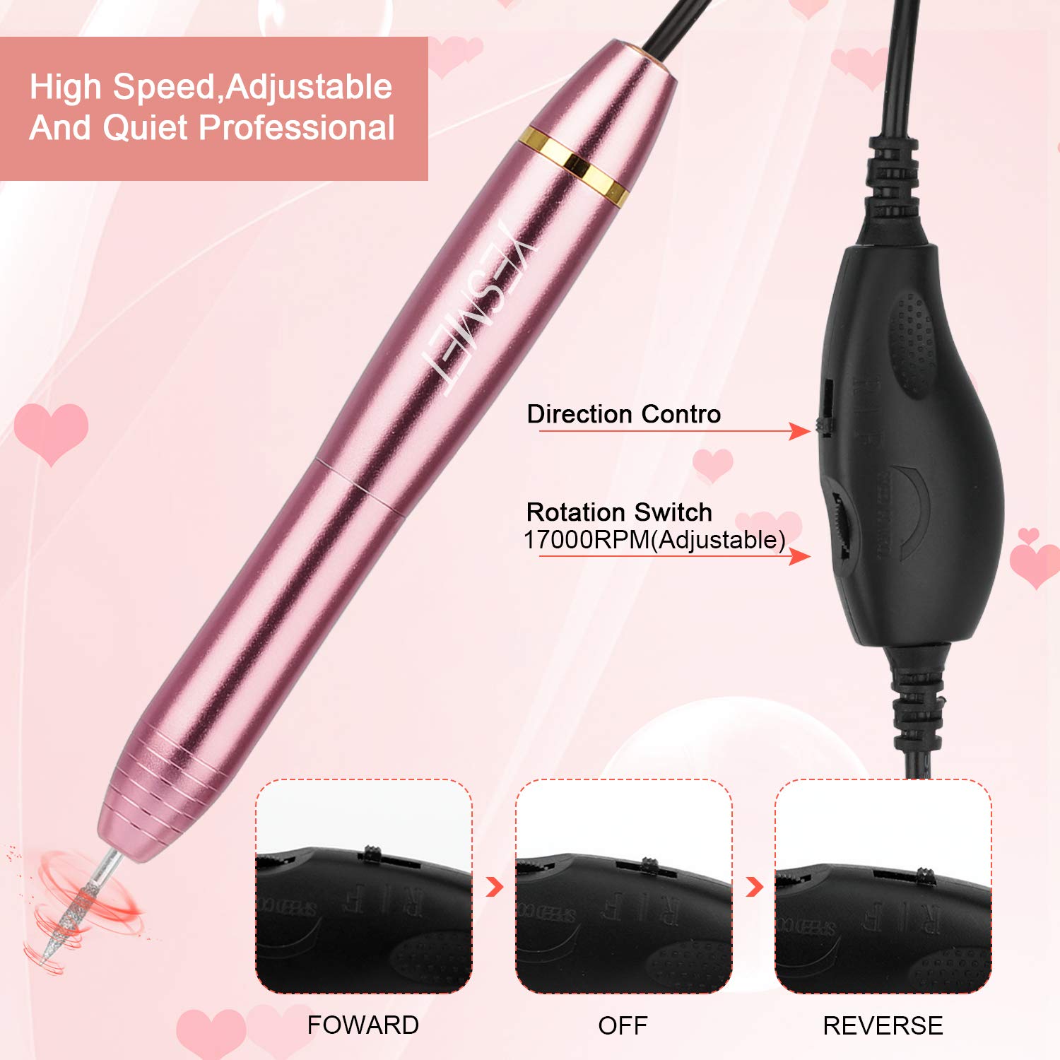 Portable Electric Nail Drill,YESMET Professional 17000RPM USB Nail Tools Set For Gel Nails,Acrylic Nail,Manicure Pedicure Tools With 11 Nail Drill Bits,Sanding Bands,Nail Brush,Home Salon Use,Gold: Beauty