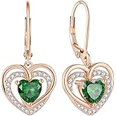 Oskani 925 Sterling Silver Heart Birthstone Earrings for Women Dainty Dangle Drop Leverback Earrings with Rose Gold Plated 5A Cubic Zirconia Jewelry Birthday Gifts for Wife Her