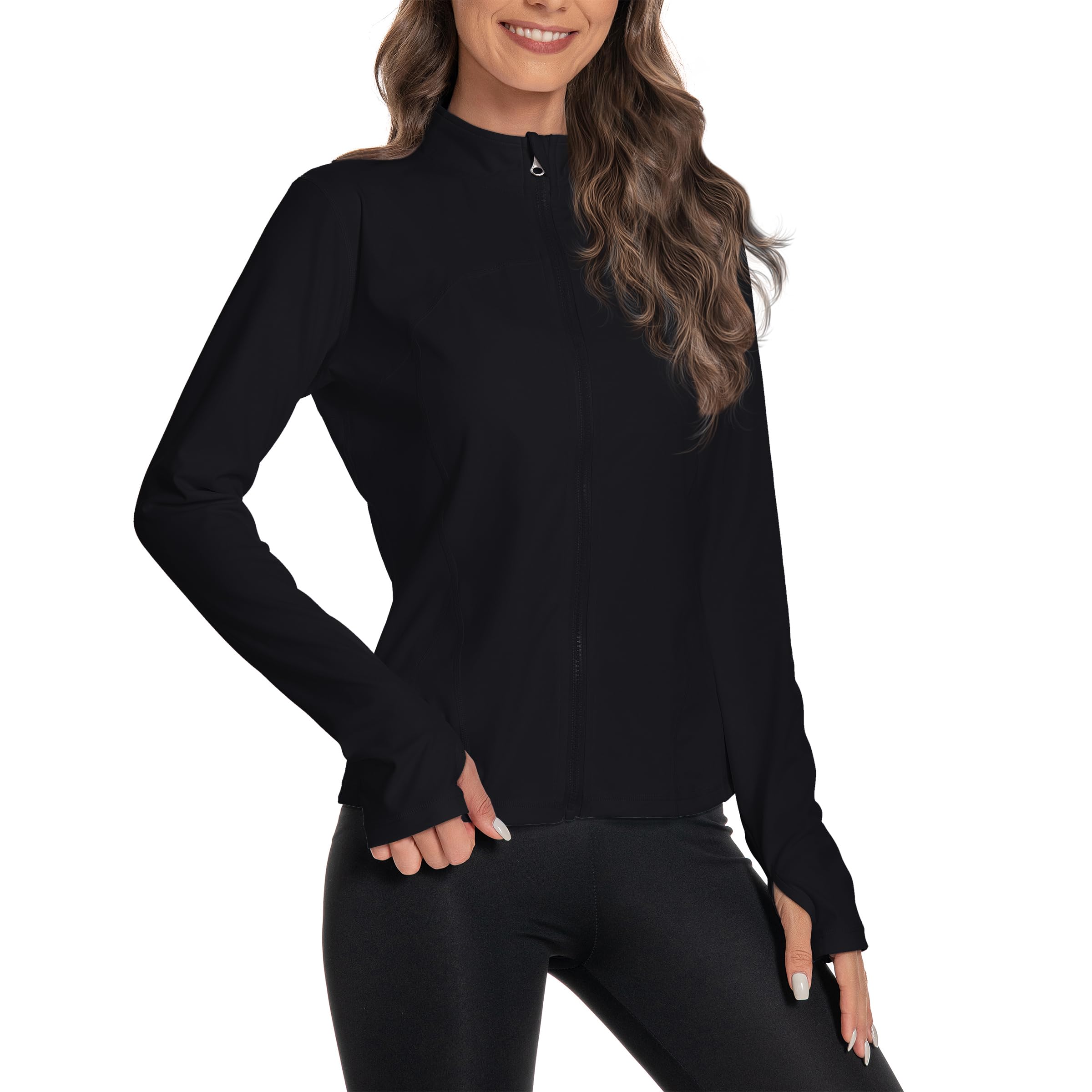 Photo 1 of KOKITA Women's Slim Fit Yoga Jackets Workout Lightweight Running Athletic Full Zip Jacket,with Thumb HolesBlackM