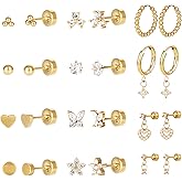 Hypoallergenic Stainless Steel Earring Sets - 12 Pairs Flat Back Earrings for Women, Jewelry for Sensitive Ears