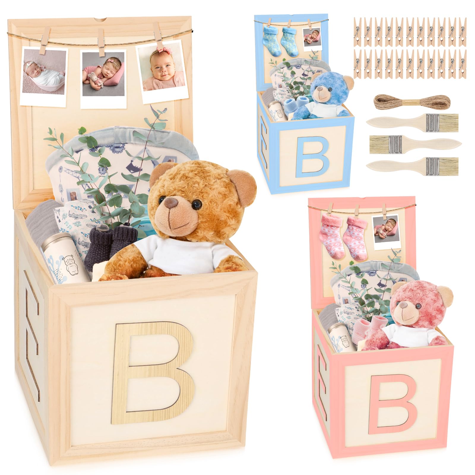 Photo 1 of 3 Set Wooden Baby Shower Baskets for Boys Girls Large Newborn Essentials Stuff Must Haves Gender Reveal Gift for Welcome New Parents Pregnancy Gift Rattle Swaddle Diaper Organizer with Clips Brush