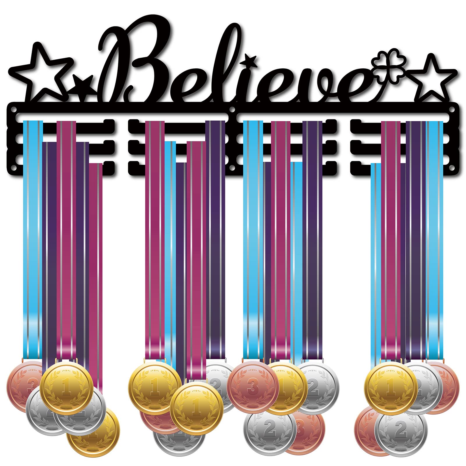 CREATCABIN Believe Medal Holder Start Four Leaf Clover Awards Display Stand Wall Rack Mount Hanger Decor Stainless Steel Metal Hanging for Home Badge Medalist 60 Medals Sports Games 15.7 x 5.6 Inch