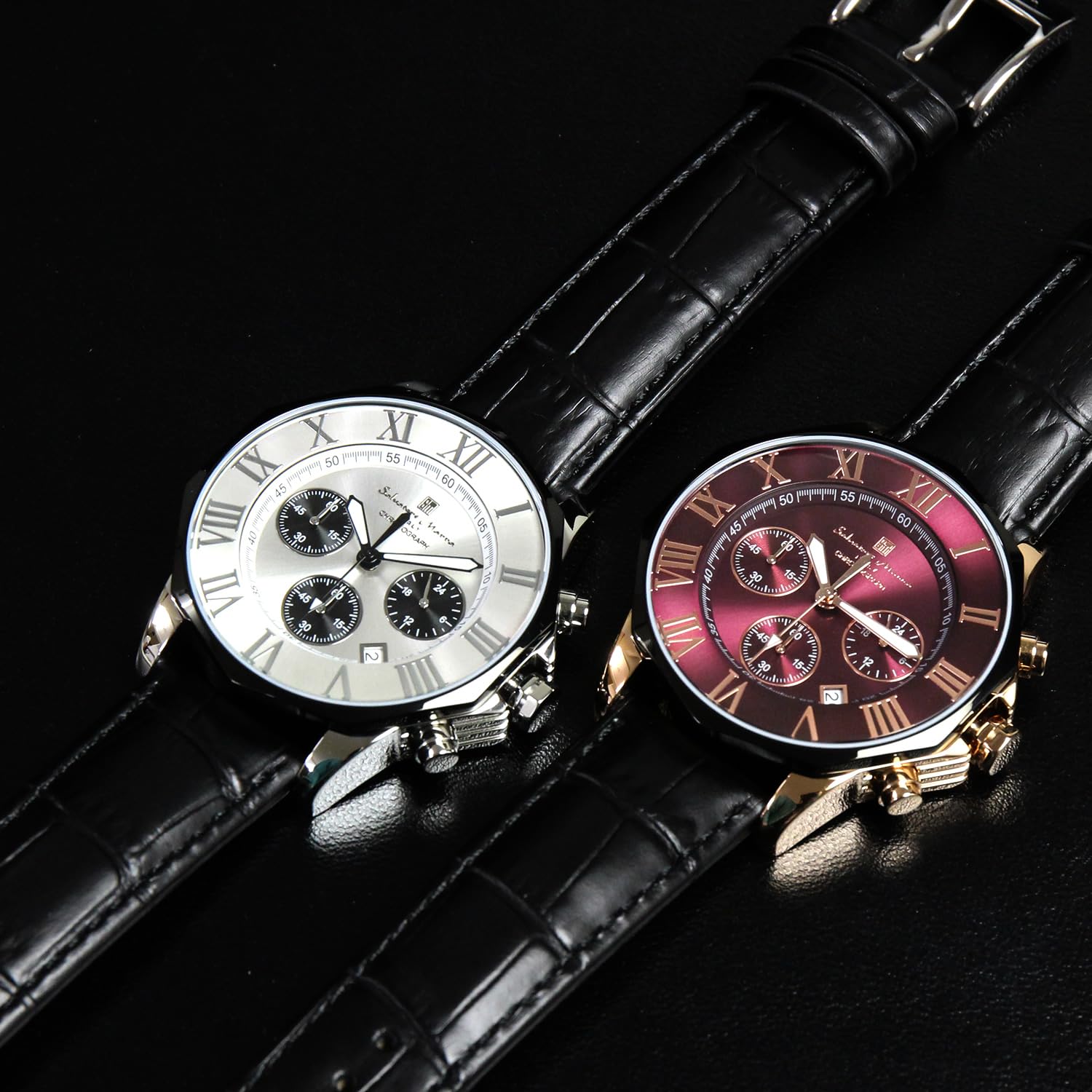 Salvatore Mala SM15104-PGPLLE Wristwatch, Red Chronograph, Water Resistant to 10 ATM, Business, Formal, Men's Leather Strap, Burpull, Black