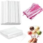 Basquei Cake Pop Sticks 6 Inches, Cake Pop Bags (3.9"X4.7"), Pink Metallic Twist Ties, 300 Pcs Cake Pop Kit Used for, Lollipops Cake, Candies, Chocolates Making Tools