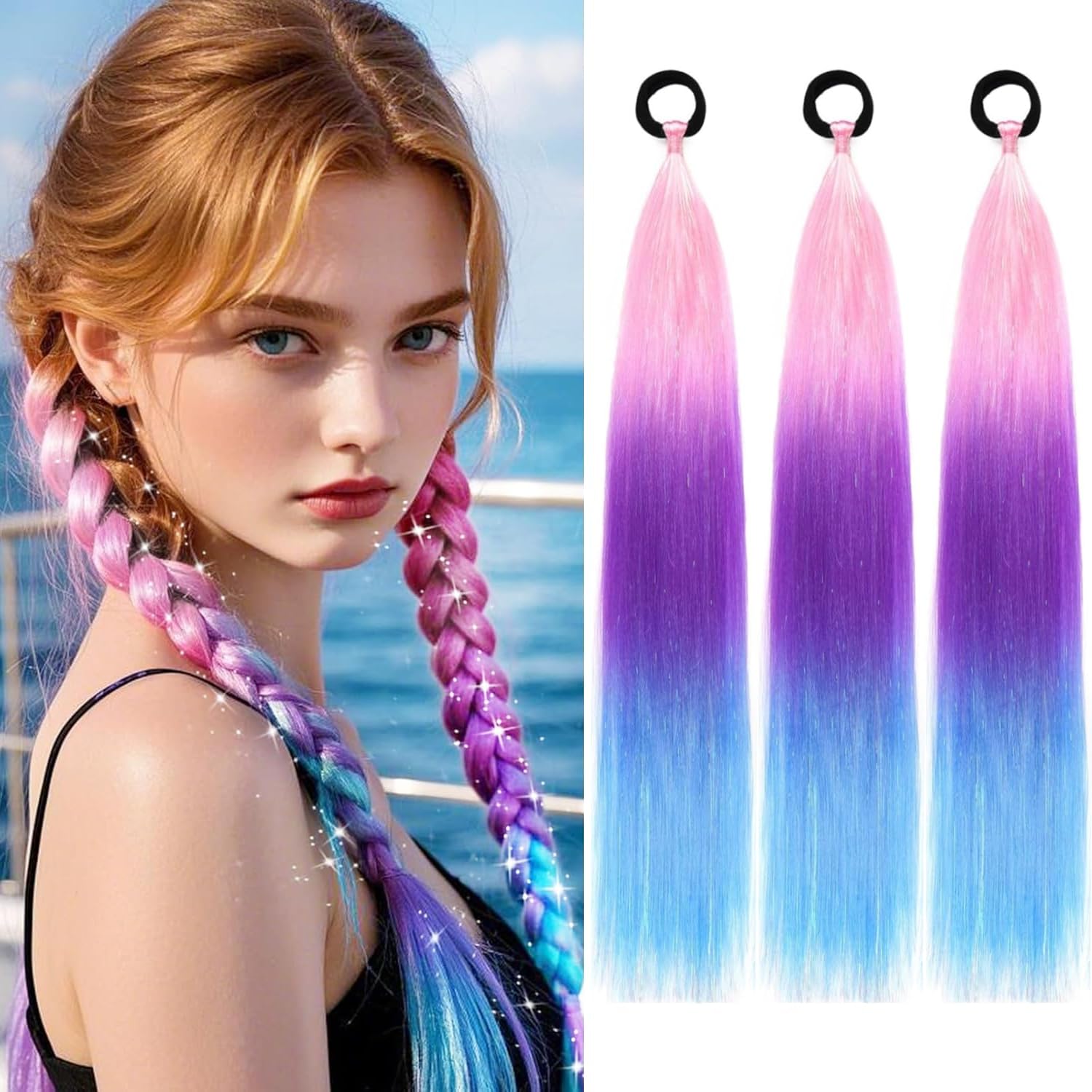 PORSMEER 3 Packs Ponytail Extension 24 inch Pink/Purple/Blue Colored Hair Extensions for Braiding Ombre Pony Tail Hair Extensions for Braids with Hair Tie Glitter Hair for Festival/Party — image 1