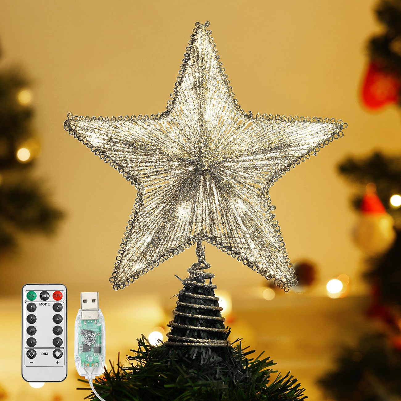 Lewondr Christmas Star Tree Topper, USB Powered Remote Controlled 6H Timer Tree Star with Lights and Sequins, Christmas Tree Topper Lighted for Home Holiday Xmas Tree Christmas Decoration, Silver