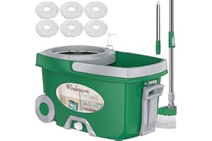 WODEMOM Dual Compartment Spin Mop and Bucket, Mop and Bucket with Wringer Set,360°Rotating Spinning Mopping for Floor Cleaning with 6 Microfiber Replacement Heads, 61" Extended Handle, 2X Wheel - Deep Green