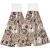 PDDCWAY Coffee Hanging Tie Towels Set of 2 Soft Absorbent Kitchen Hand Towels with Hanging Loops for Kitchen Bathroom Farmhouse Home Decor 18 x 14 Inch