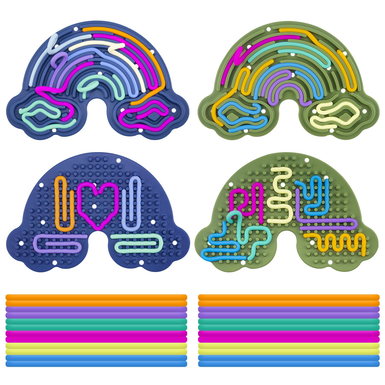 BMSQOFD 2 Pcs Sensory Activity Board Silicone Fidget Toy,Double Sided Rainbow Sensory Toys for Autism Stress, Anxiety,ADHD,Kids Toddler Boys Girls 3+Adults with Travel Bag 24 Strings (Dark&Green)