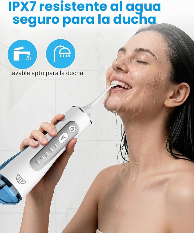 Irrigador Oral Elétrico 300ML, Irrigador Dentário 3+1 Modos, 6 Bicos IPX7 Limpador Dentário Portátil para Ortodontia/Gengivas Sensíveis - Limpeza Dentária Doméstica Entusiastas de Saúde Ora (Branco)