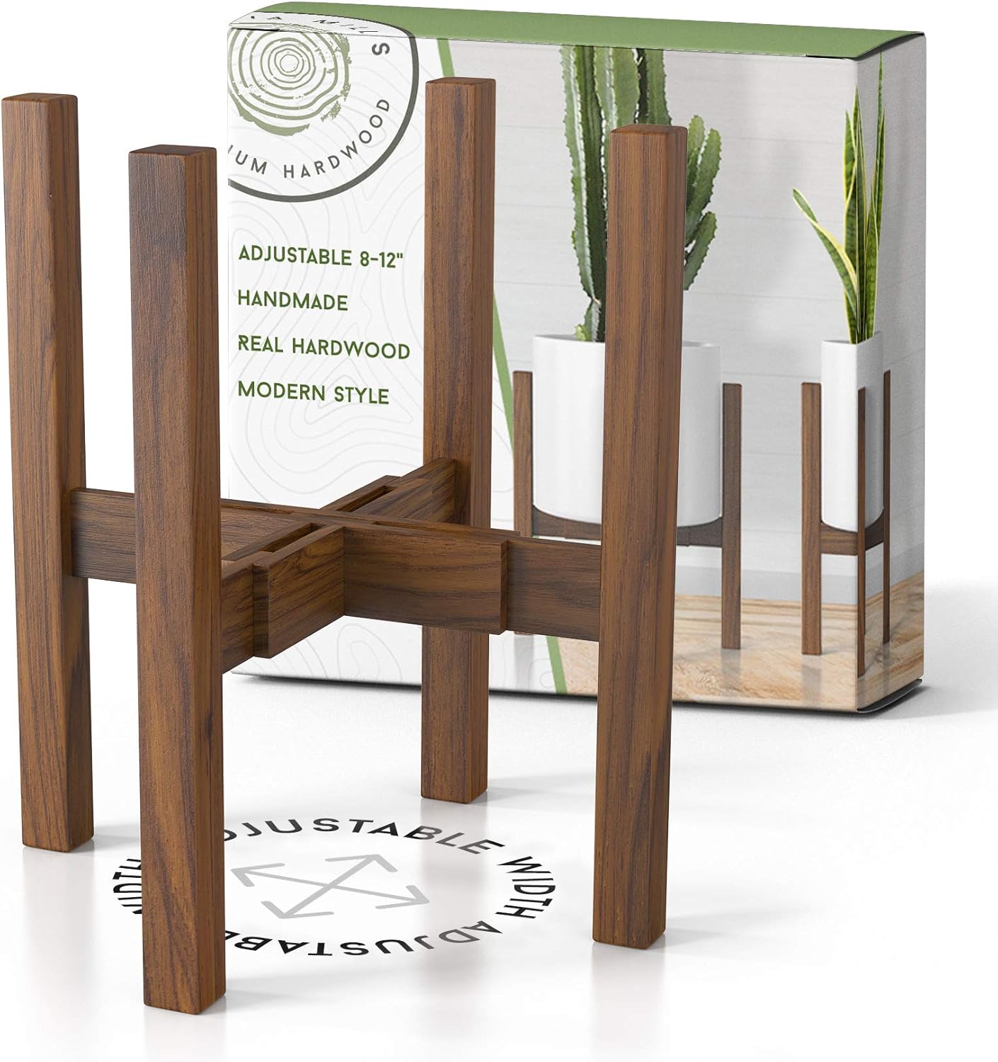 Mid Century Plant Stand - Adjustable Modern Indoor Plant Holder - Brown Planter Fits Medium & Large Pots Sizes 8 9 10 11 12 inches (Not Included) (Adjustable Width: 8-12" x 16" Tall, Dark Brown) : Garden & Outdoor