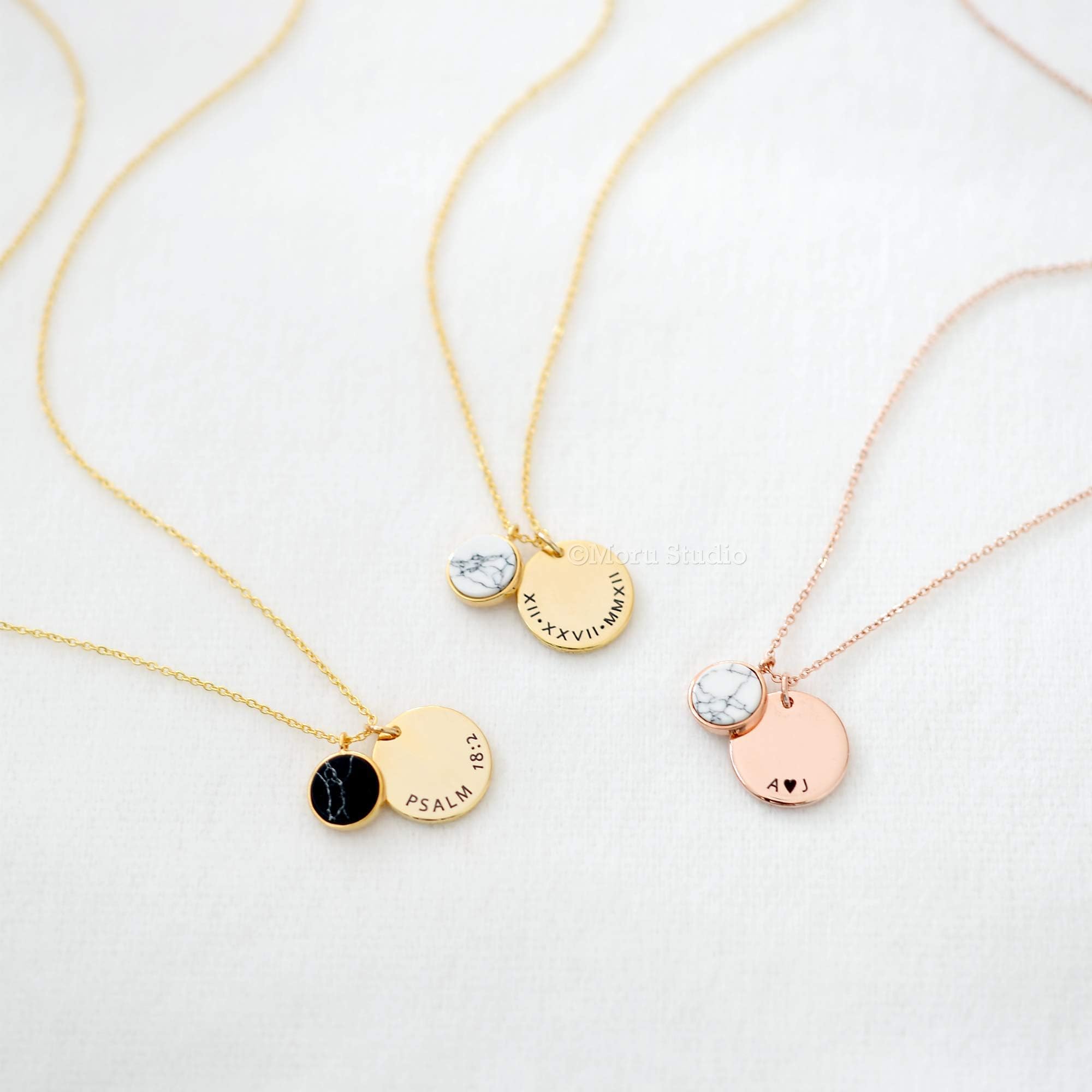 Custom Black & White Marble Round Gemstone Necklace with a Personalised Engraved Disc 123