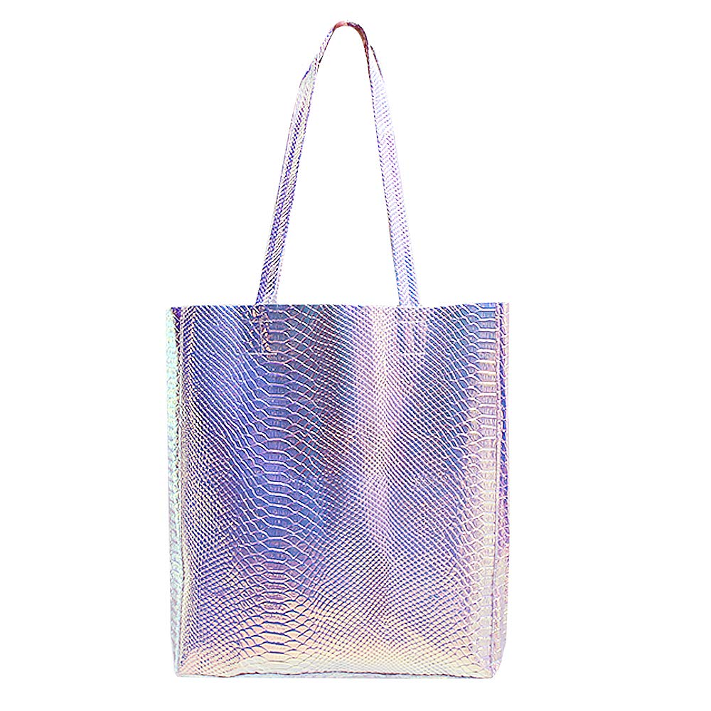 AiSi Womens Holographic Tote Bag PU Shoulder Shopping Handbag，Silver