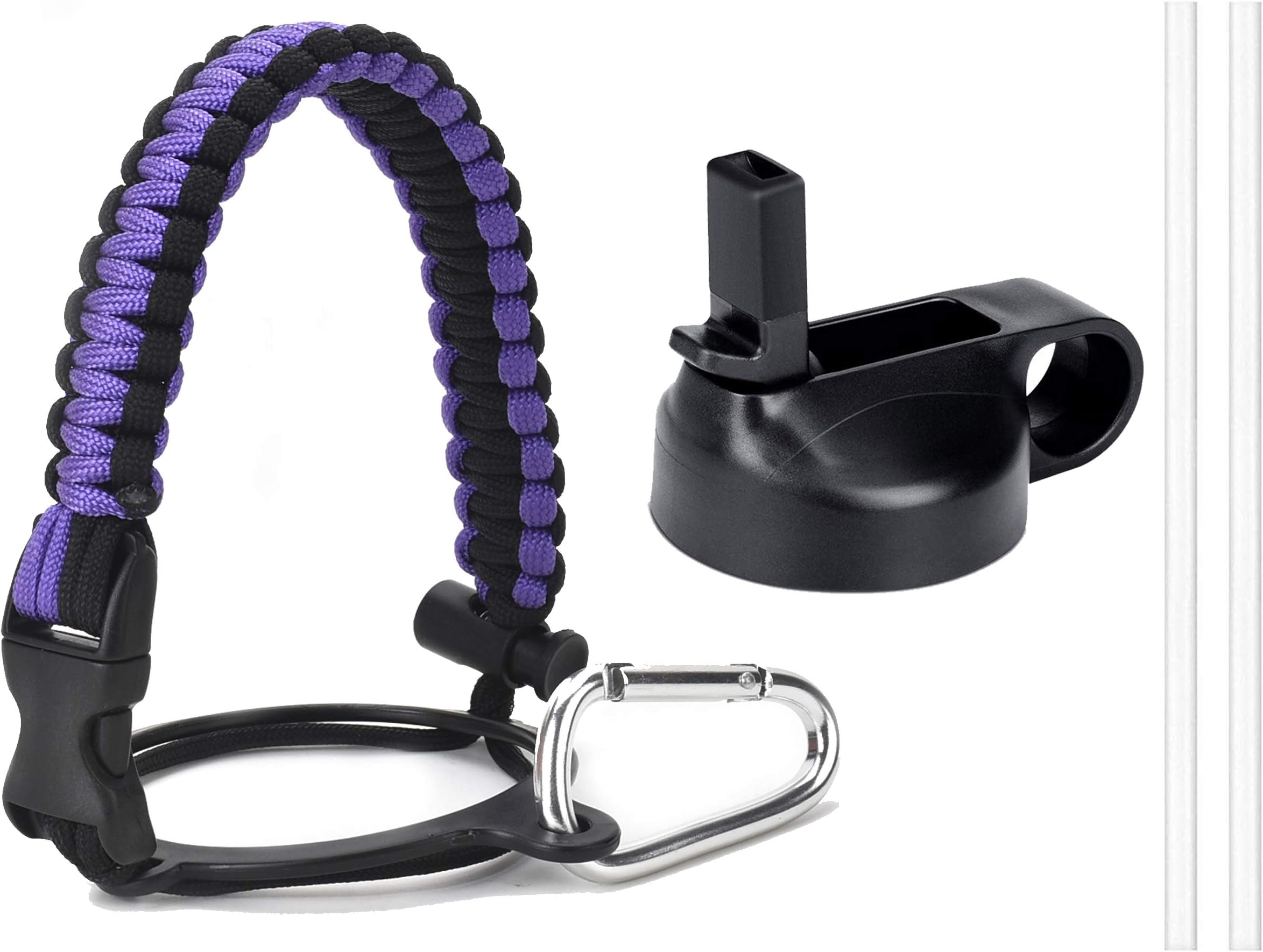 Sportula Best Paracord Handle for Hydro Flask Wide Mouth Bottles, with Safety Ring and Carabiner, Plus One Insulated Wide Mouth Straw Lid, and Two Long Straws Included, Best Value Set